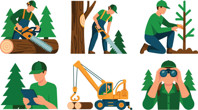Lumberjack and Forestry Worker Vector Set with Men Using Chainsaw Planting Trees Operating Crane Truck and Inspecting Forest for Timber Industry Graphic Designs