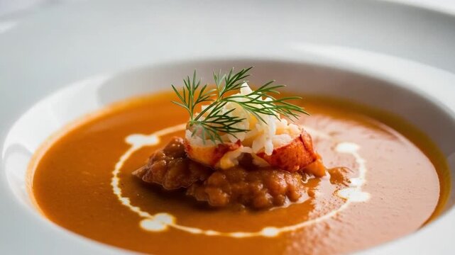 Gourmet Lobster Bisque Soup in White Bowl with Fresh Dill Garnish for Fine Dining Restaurant Menu or Culinary Food Photography Concept