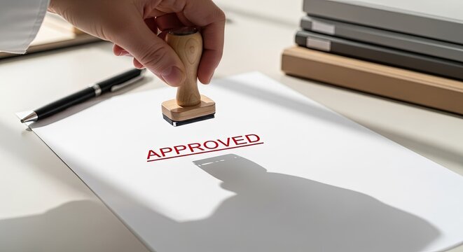 Closeup of a hand stamping an approved document on a desk
