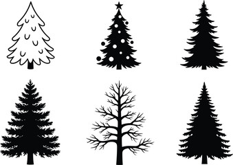 Obraz premium Christmas and pine tree silhouette set featuring decorative fir, evergreen and leafless trees, black nature icons isolated on white background