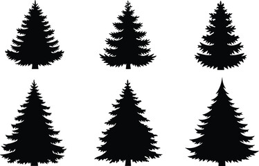 Obraz premium Evergreen pine tree silhouette collection featuring fir forest trees, black nature vector icons set isolated on white background