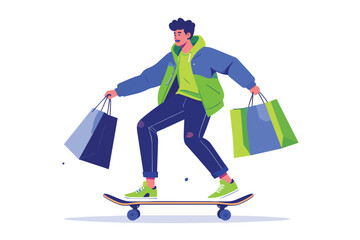 Young man riding skateboard with shopping bags in hands, Urban lifestyle © Anik