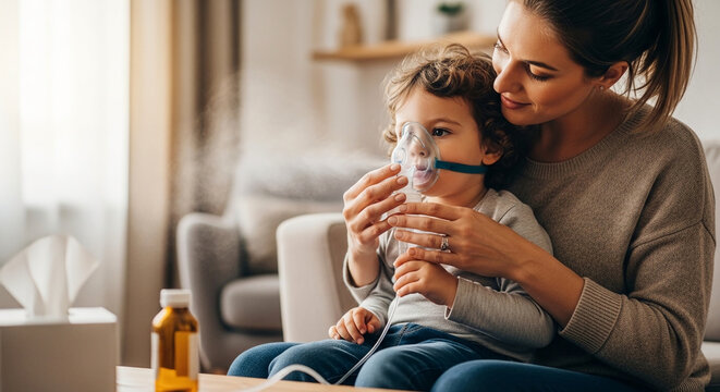 A caring mother helping her young son use a nebulizer mask for asthma or respiratory treatment at home in a bright and cozy living room setting.