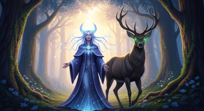 Ethereal Forest Guardian with Glowing Stag in Enchanted Woods at Dawn