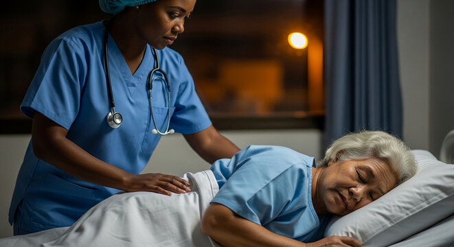 African American nurse caring for a sleeping elderly Asian patient in a hospital bed at night, providing compassionate support and medical supervision.