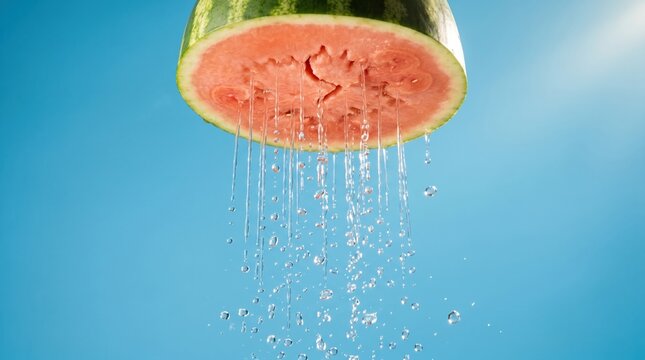Surreal half watermelon floating in blue sky with water pouring from its flesh for summer food advertising, fruit beverage branding and refreshing cooling concepts