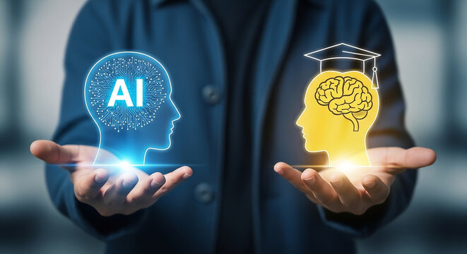 A visual representation of artificial intelligence and human intellect, showcasing the comparison between machine learning and the human brain.