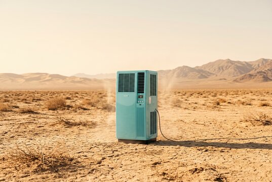 Turquoise portable air conditioner standing on cracked desert ground with copy space for climate change awareness, appliance advertising and heatwave editorial concepts