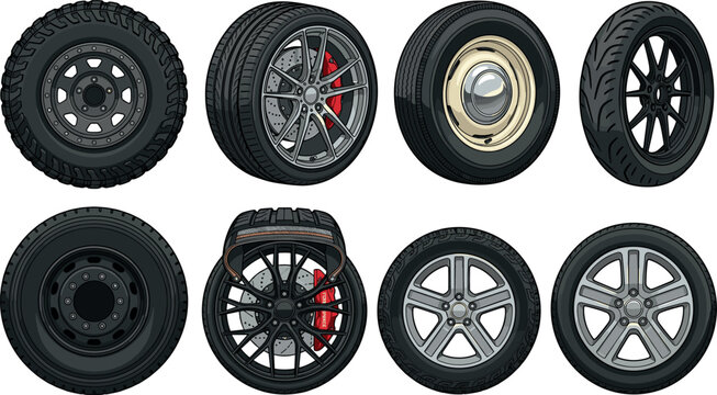 Car Wheel and Automobile Tire Vector Set Featuring Alloy Rims Brake Discs Offroad Mud Tires Vintage Hubcaps and Rubber Treads for Automotive Graphic Design