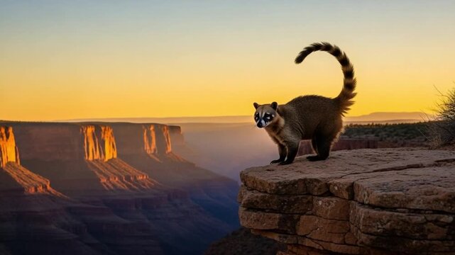 Coati standing on a rocky cliff edge overlooking a vast desert canyon at sunset, representing wildlife exploration, freedom, and the beauty of nature in the wild