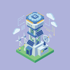 Fototapeta premium Isometric illustration of a smart building powered by AI and renewable energy, featuring solar panels, wind turbines, and cloud computing infrastructure.