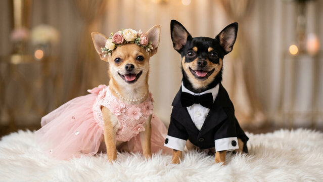 Cute chihuahua dogs dressed as a bride and groom in a pink wedding dress and black tuxedo at a luxury marriage reception party