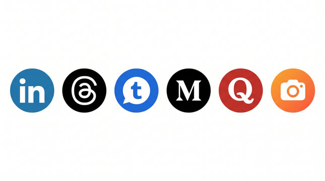Popular Social Media Icon Set Collection featuring LinkedIn, Threads, Tumblr, Medium, Quora and Camera Logo Circle Buttons Isolated on White Background. Vector Graphics for Mobile App and Web Design