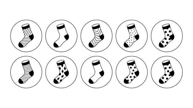 Set of ten circular icons featuring various patterned sock designs in a simple black and white line style