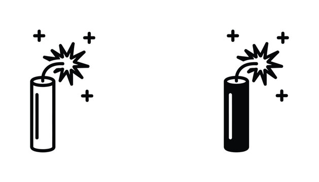 Explosive dynamite stick with burning fuse and sparks in both clean outline and solid black icon styles for dangerous or exciting concepts