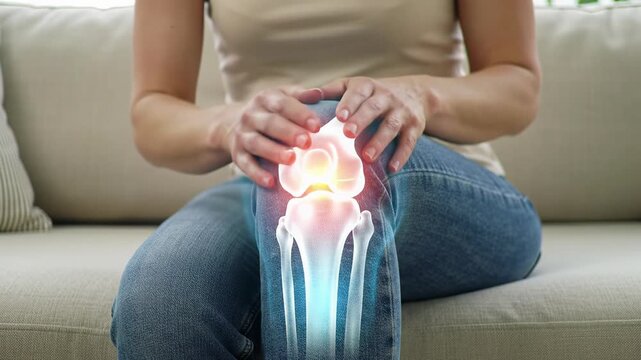 A static macro video of a mid-30s caucasian woman's knee on a beige sofa, showing a transparent AR knee joint overlay with glowing white/blue bones & pulsating red/orange pain. Medical visualization