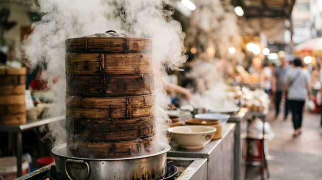 Steaming bamboo baskets cooking dim sum at a crowded outdoor night market