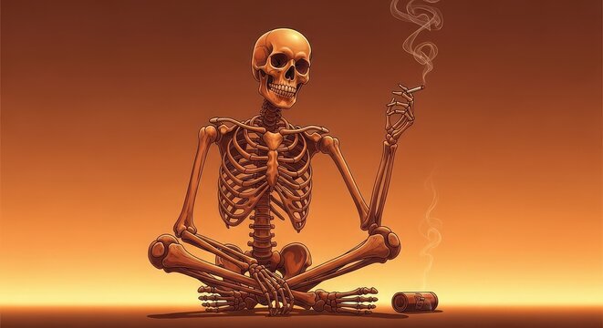 World no tobacco day creative design depicting human skeleton sitting in meditation posture holding lit cigarette