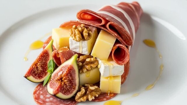 Gourmet Charcuterie Appetizer Cone with Salami Cheese Figs and Walnuts for Elegant Catering Events and Fine Dining Restaurant Menu Presentation
