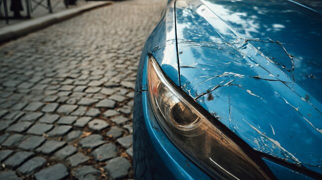 A close-up view of a blue car's damaged hood parked on a cobblestone street