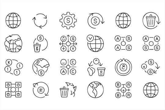 Global economy and finance icons collection, currency conversion, trade and circular economy symbols