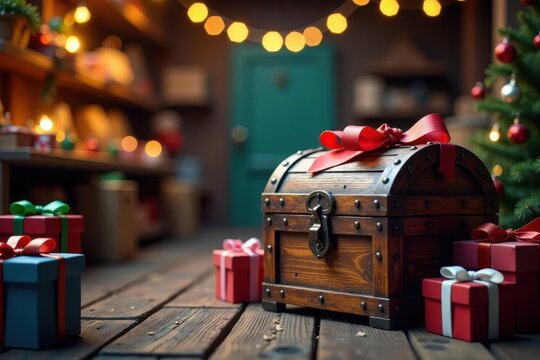 Twinkling string lights and colorful gift boxes surround a large wooden chest in a festive workshop atmosphere, workshop, gifts