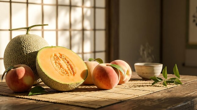Fresh melons and peaches arranged on a mat indoors with tea