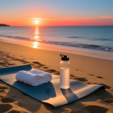 Sunrise yoga mat on sandy beach, fitness equipment with water bottle and white towel, morning wellness and meditation concept at sunset