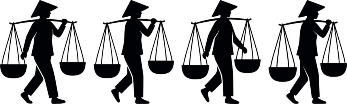Asian Farmer Silhouette Set Wearing Conical Straw Hats and Carrying Baskets on Shoulder Poles for Traditional Agriculture Vector Design (20 words)