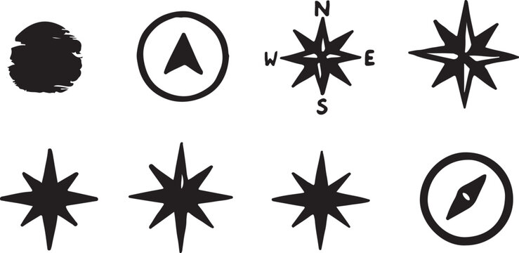 A professional collection of black, minimalist icons featuring various directional arrows, a classic compass north marker, and assorted celestial star shapes.