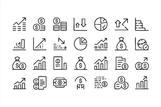 Finance growth analytics icons with charts, profit and revenue for dashboard UI and web applications