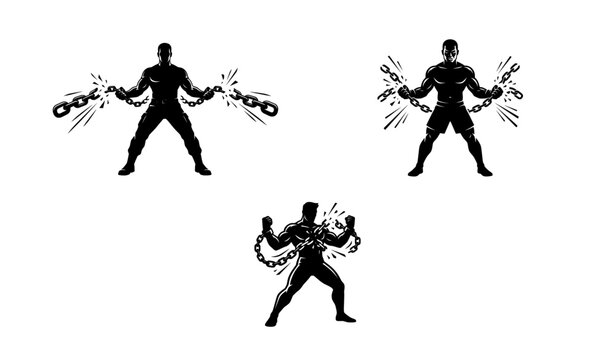 Powerful silhouette of man breaking chains symbolizing freedom strength rebellion and overcoming obstacles vector illustration