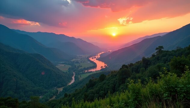 Sunrise over the Manipur valley with rivers and lakes, lake, hill backdrop