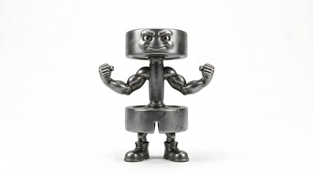 Anthropomorphic dumbbell mascot with flexing arms on a white background high quality professional