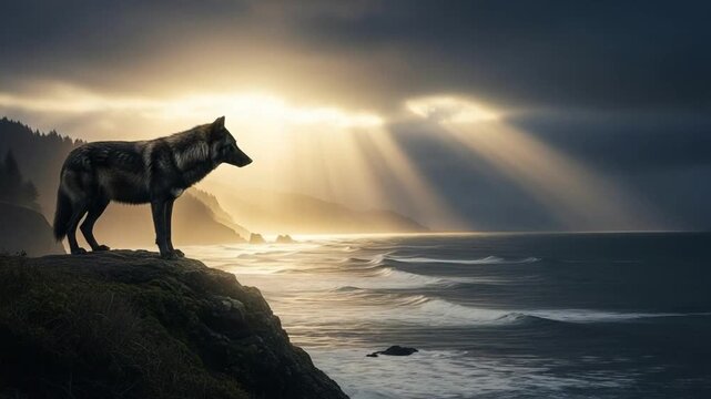 Majestic wolf standing on a coastal cliff at sunset, symbolizing freedom, wild nature, resilience, and spiritual connection in a dramatic ocean landscape