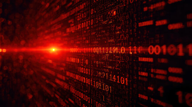 Red digital code stream with glowing laser light and abstract encryption concept