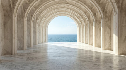 Fototapeta premium Marble arch corridor ocean view bright elegant architectural vaults serene light