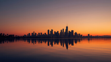 Fototapeta premium Sunset skyline reflection city skyline sunset orange gradient silhouette calm water