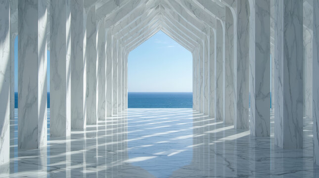 Marble colonnade ocean view serene architectural corridor with arch openings