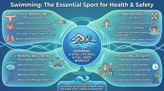 Swimming: Essential for health, fitness, and safety infographic