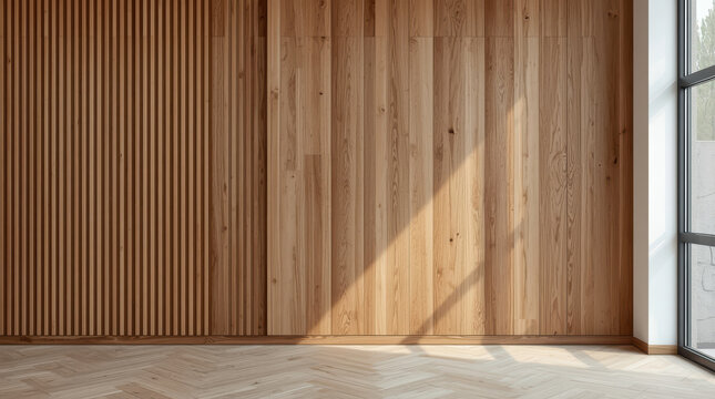 Wooden wall paneling with sunlight casting shadow from window