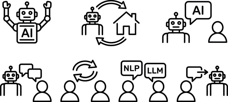 Illustration of AI robots and humans interact with speech bubbles for communication and teamwork.