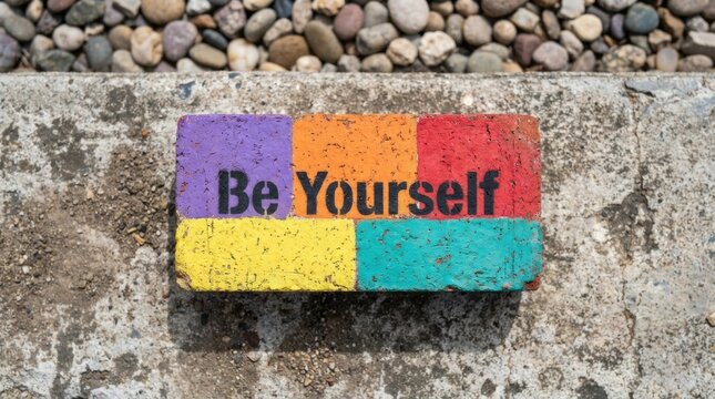 Colorful 'be yourself' inspirational brick on concrete with pebbles promoting self acceptance and individuality outdoors