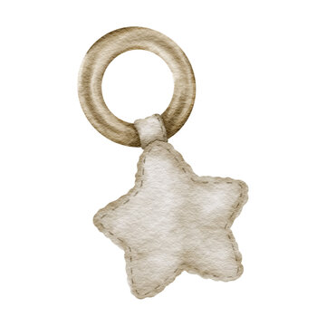 Hand drawn Watercolor illustration baby teether , infant wooden star toy