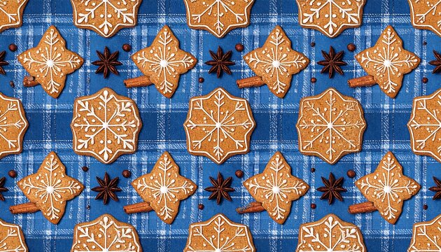 Festive gingerbread cookies patterned on blue textile for holiday design