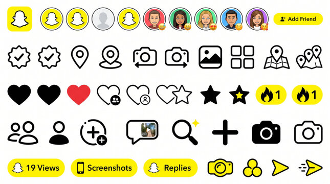 Popular Social Media App Interface Icons Vector Set Collection - Ghost Logo UI Elements for Mobile App Design including Avatars, Camera, Heart, Star, Map Pins, Send, and Notification Buttons.