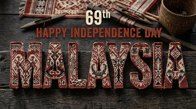 Decorative Malaysia Independence Day Typography Displayed on Rustic Wooden Background
