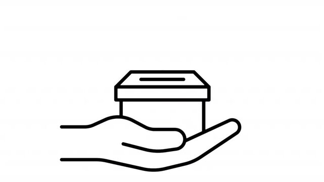 Animated Hand Holding Donation Box and Money Coin Black Line Icon. Charity support fundraising and financial contribution concept. Icon animation on transparent background