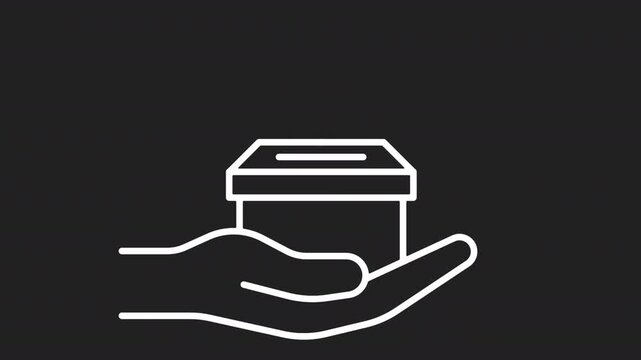 Animated Hand Holding Donation Box and Money Coin White Line Icon. Charity support fundraising and financial contribution concept. Icon animation on transparent background