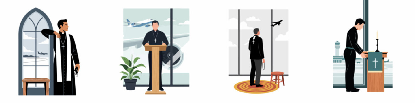 Set of illustrations featuring a Catholic priest serving as an airport chaplain, providing spiritual care and conducting services in various airport settings.